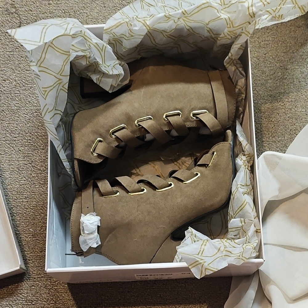 Tan Lace Up Boots with Rugged Sole and Suede Finish - Picture 2 of 5
